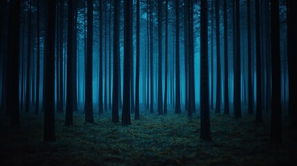 Naklejka premium Dark forest with tall trees and misty atmosphere.