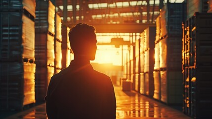 Silhouette of a logistics manager using a tablet to control autonomous robots, innovative technology