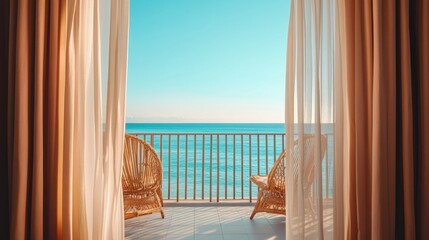 Two cozy chairs await on a balcony offering an enchanting sea view bathed in golden light