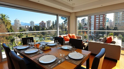 Fototapeta premium A beautifully arranged dining table set for a meal with a scenic view of a cityscape from a modern apartment, highlighting the harmony of outdoor and indoor living