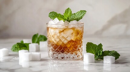 Mint Julep cocktail with bourbon, isolated on a marble background with decorative fresh mint and...