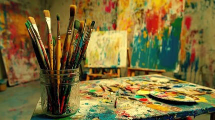 Obraz premium Vibrant Art Studio with Paint Brushes and Colors