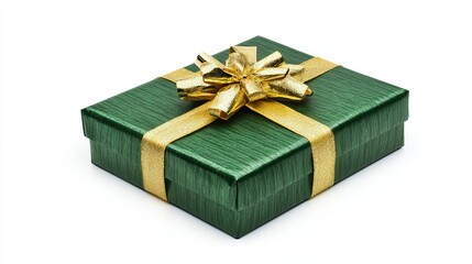 Obraz premium Green Gift Box Wrapped with a Gold Bow and Ribbon Isolated on a White Background – Ideal for Holiday Gifts and Special Occasions.