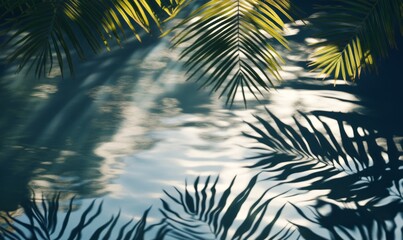 Shadows of palm leaves on tranquil water with gentle ripples on a sunny day