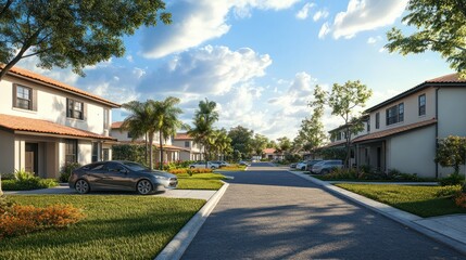 Cozy single-family homes line a quiet cul-de-sac in a picturesque suburb of Sarasota, Florida.