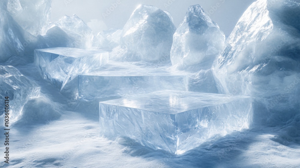 Poster large, transparent ice blocks are scattered across a pristine, snowy landscape. the soft illuminatio