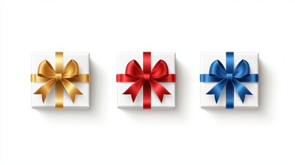 3D Realistic Vector Icon Illustration of White Gift Boxes with Red, Blue, and Gold Silky Ribbon Bows – Isolated on White Background for Elegant Presentations and Special Occasions