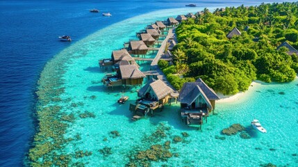 Fototapeta premium Maldives beach resort, showcasing a string of overwater bungalows extending into the sparkling lagoon