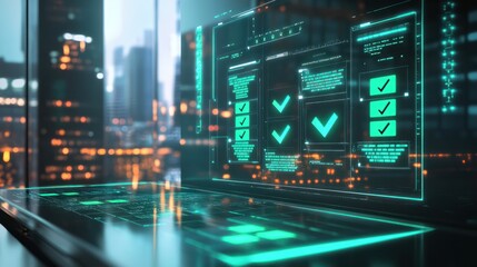 Fototapeta premium Digital Task Management Dashboard with Green Check Marks in High-Tech Office