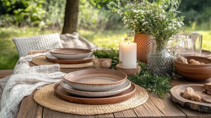 Rustic Dining Setup in Nature with Natural Elements