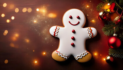 Obraz premium Gingerbread man with decoration and Christmas decoration, space for text, Christmas baking, Christmas card