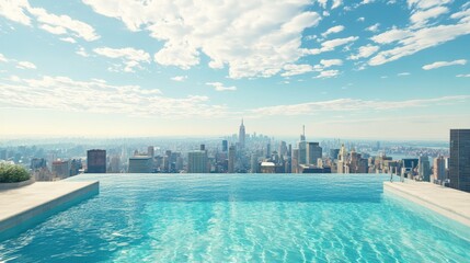 An infinity pool offers stunning skyline views of the city under a clear sky