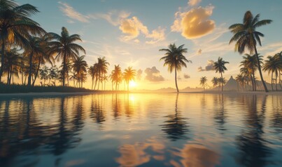 Obraz premium Serene tropical lagoon at sunrise, with calm waters reflecting the sky and palm trees lining the shore