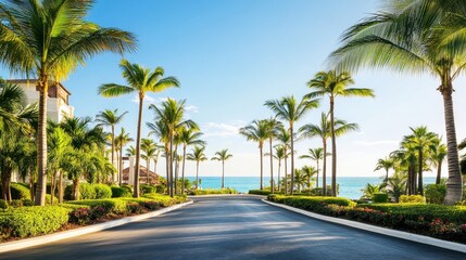 Fototapeta premium A peaceful journey unfolds along a palm tree lined route leading toward the sparkling ocean