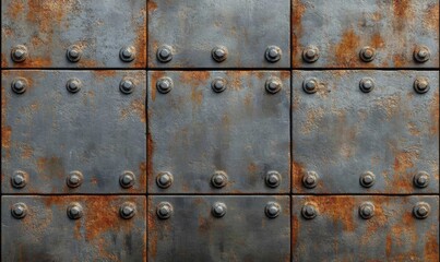 Fototapeta premium Seamless grungy scratched old steel wall panels background texture. Tileable industrial rusted metal bulkhead floor plates pattern.