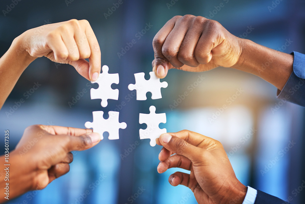 Poster Hands, business and people with puzzle in office of problem solving, collaboration and creative integration. Staff, jigsaw and team building with solution for synergy, corporate challenge and project