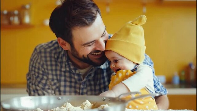 Happy father and baby are enjoying their time baking together in their yellow kitchen, covered in flour and making a mess