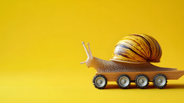 Speedy snail with wheels on yellow background. Concept of speed and success. Speed increase, reptile courier delivery, transportation, efficient fast movement, time saving fast delivery concept