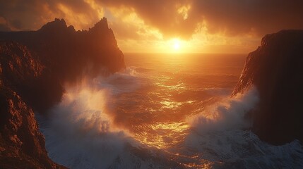 Dramatic sunset over turbulent ocean waves.