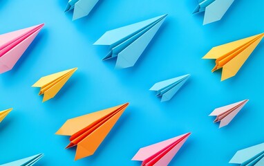 Fototapeta premium Colorful paper airplanes on blue background. Minimal creative concept.