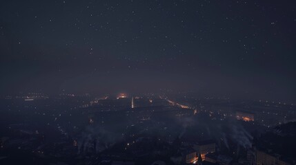 Naklejka premium A muted and grainy cityscape under a starry sky with the faint outline of buildings and streets disappearing into the darkness. Lights le in the distance creating a tranquil and melancholic