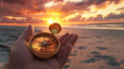 Hand Holding Compass Against Sunset Sky