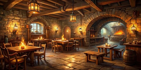 Obraz premium Warmth of the Inn, Digital Painting, Stone Walls, Wooden Beams, Fire, Fantasy, Medieval Tavern