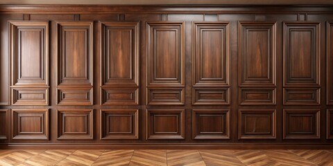 Wainscot Wall with Intricate Wood Paneling, 3D Render, Brown, Interior Design, Wood Wall, Wood Paneling, Interior Design