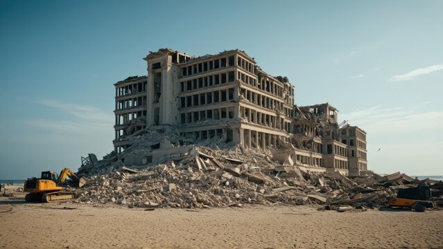Severely damaged beachfront building, illustrating coastal destruction and structural collaps