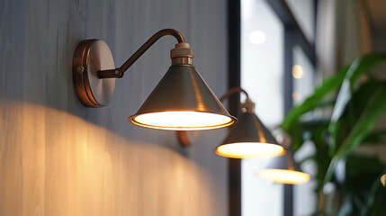 Three modern, metal wall sconces with cone-shaped shades cast warm light on a wooden wall.