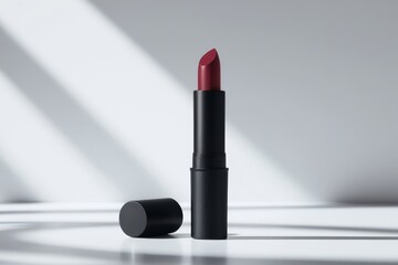 Bold matte lipstick mockup with a luxurious design, cap partially removed, standing on a glossy surface with a blurred background