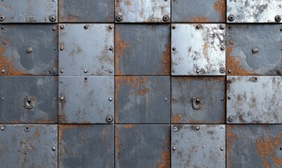 Seamless grungy scratched old steel wall panels background texture. Tileable industrial rusted metal bulkhead floor plates pattern.