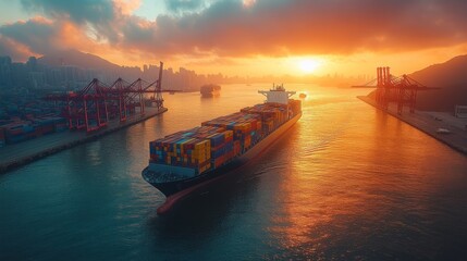 Naklejka premium The cargo ship moves through a bustling port at sunset, with colorful containers stacked high. Cranes outline the skyline against a vibrant sky reflecting on the water's surface.