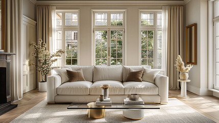 A sophisticated transitional living room with a mix of neutral tones and luxurious textures
