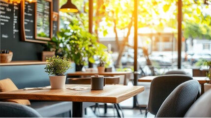 Cozy Cafe Interior with Natural Light and Greenery