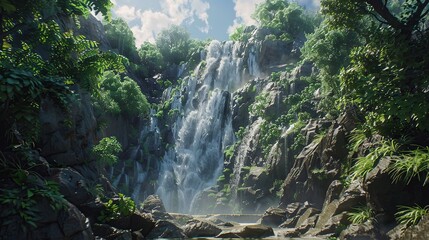 Majestic waterfall cascading down a rocky cliff in a lush forest