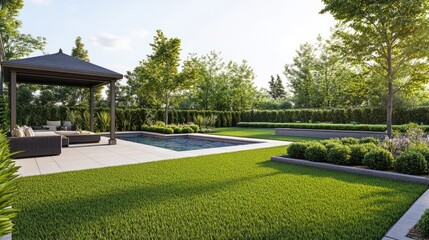 Modern backyard with pool and gazebo, green grass, garden beds, and trees in the background. Daytime shot with clean lines and depth of field.