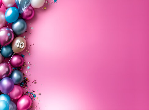 40 birthday,  anniversary, party invitation; pink card background; colourful balloons isolated over optimistic pink backdrop
