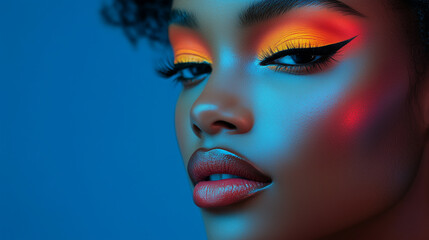 Obraz premium Black woman with animalistic Halloween makeup. Banner with copy space