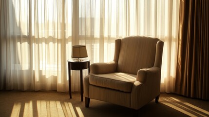 The soft glow of sunlight fills the hotel room as the armchair beckons for quiet moments