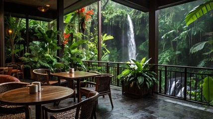 Tropical Cafe with Waterfall View.