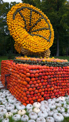 Pumpkin Crafts at fall harvest festival. Halloween farmers market. Concept of seasonal produce, country market and festive fall decorations.