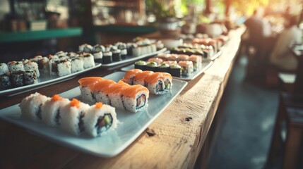 Obraz premium A vibrant array of sushi rolls showcases culinary artistry in a cozy dining atmosphere