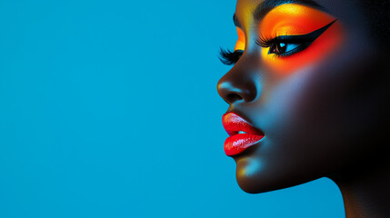 Black woman with animalistic Halloween makeup. Banner with copy space