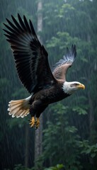 Fototapeta premium Majestic eagle in flight during rain, powerful atmosphere, wild nature background, copy space 