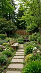 Tranquil garden path with wooden bench, beautiful landscaping, peaceful nature background, copy space