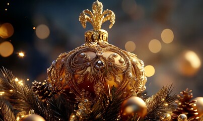 Ornate golden Christmas tree topper with intricate details and shimmering accents, perched atop a tree filled with matching gold decorations