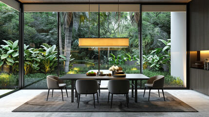 A spacious transitional dining room featuring a minimalist design with a sleek black dining table and matching chairs