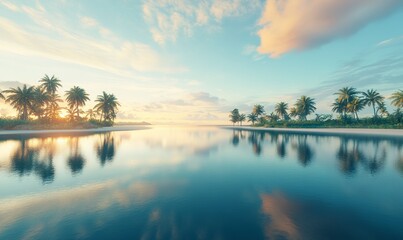 Obraz premium Serene tropical lagoon at sunrise, with calm waters reflecting the sky and palm trees lining the shore