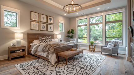 A spacious transitional bedroom with a blend of contemporary and classic design elements